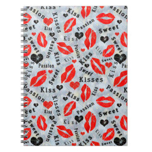 Carnet Coeurs, rouge, noir, empreintes de lèvres, baiser