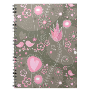 Carnet Coeurs Whimsical rose et gris, oiseaux et fleurs