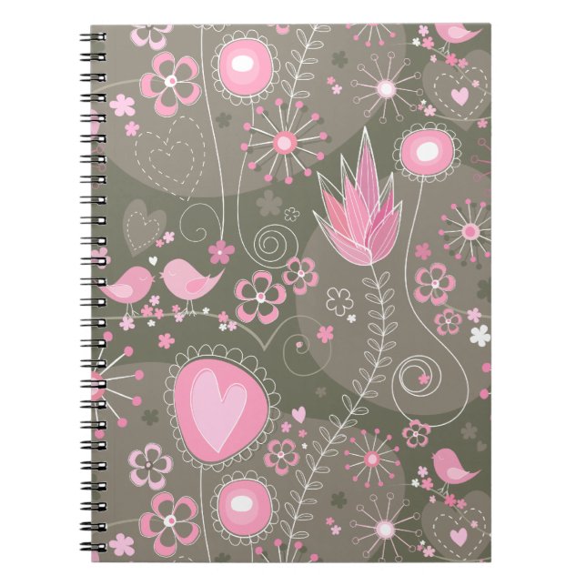 Carnet Coeurs Whimsical rose et gris, oiseaux et fleurs (Devant)