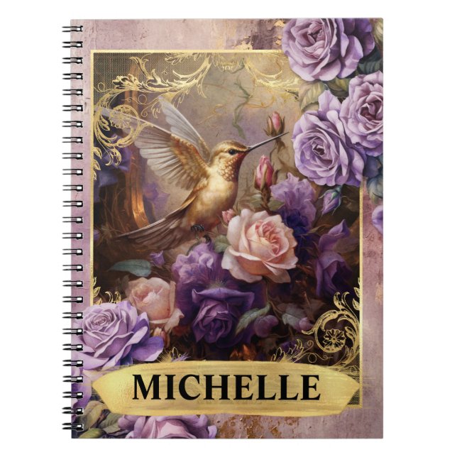 Carnet Colibri Pourpre Romantique et Roses Fantaisie (Devant)