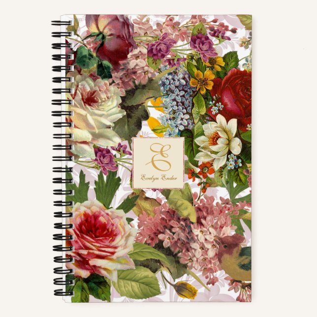 Carnet Collage floral victorien | Monogramme personnalisé (Recto)