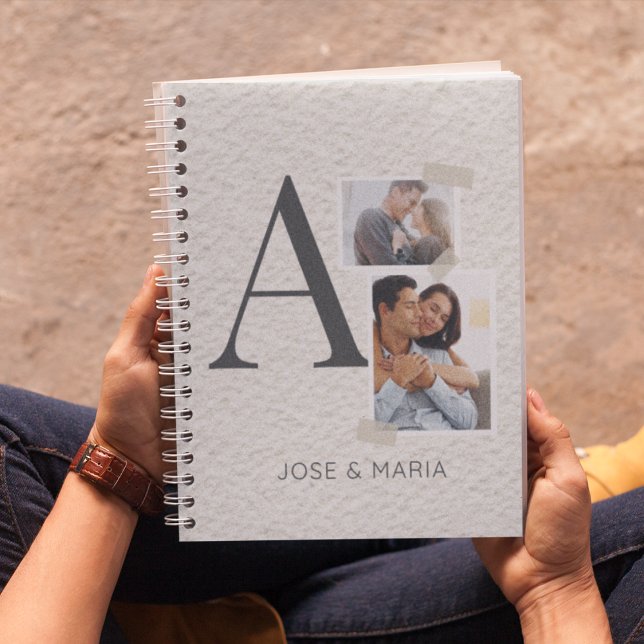 Carnet Collaged Initial Stories (Notebook with serif initial, stacked photos, washi tape accents, and charcoal text on white.)