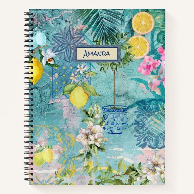 Carnet Collier chic bleu turquoise sicilien agrus floral (Devant)