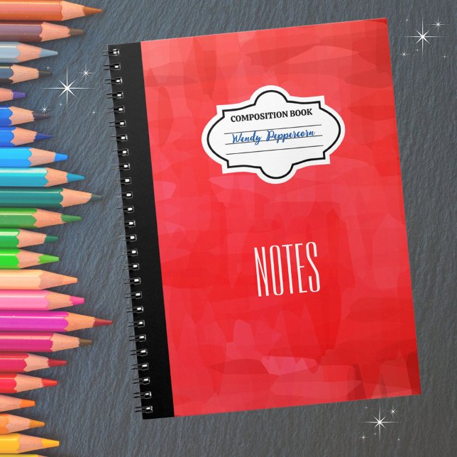 Carnet Composition personnalisée à motif rouge élégant (Personalize with your name and subject.  Available in multiple colors. )