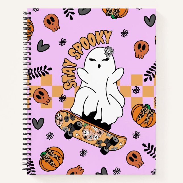 Carnet Cool Halloween Ghost sur Skateboard Orange (Devant)