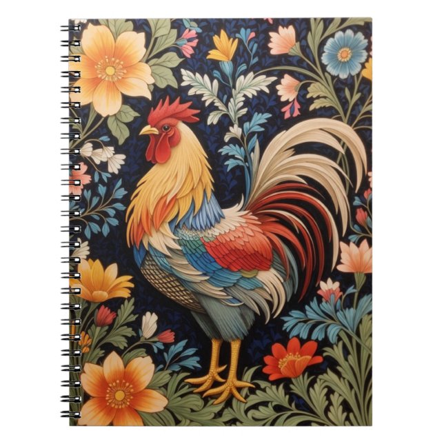 Carnet Coq Élégant sur Fond Floral Coloré (Devant)