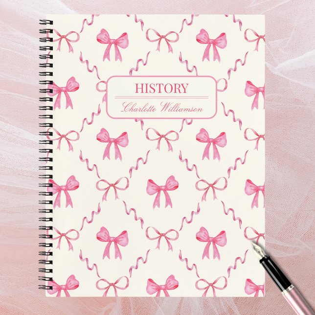 Carnet Coquette Pink Bow (cute pink bow coquette notebook with customizable name and subject, back to school essentials)