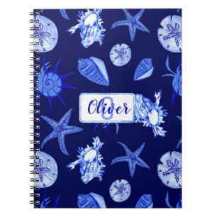 Carnet Coquillage bleu mélangé motif-nom monogramme perso