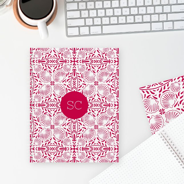 Carnet Corail Sheashell Monogram Rose Élégant Chic (Red Coastal Sheashell Beach Coral Elegant Monogram Notebook)