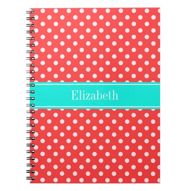Carnet Coral and White Polka Dots Brt Aqua Nom Monogram (Devant)