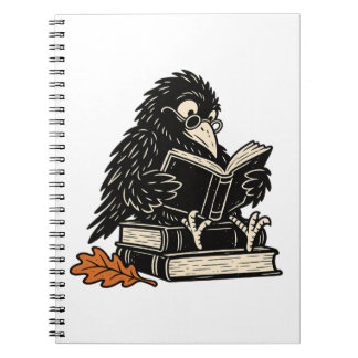 Carnet Corbeau Cozy lisant sur des livres empilés