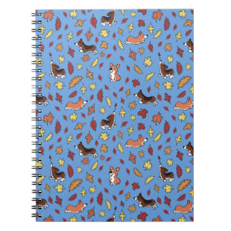 Carnet Corgi Fall Leaves Blue Plain Notebook