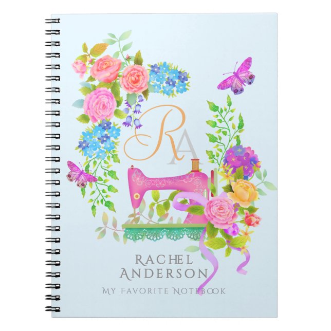 Carnet Coudre Ruban Floral Monogramme bleu (Devant)