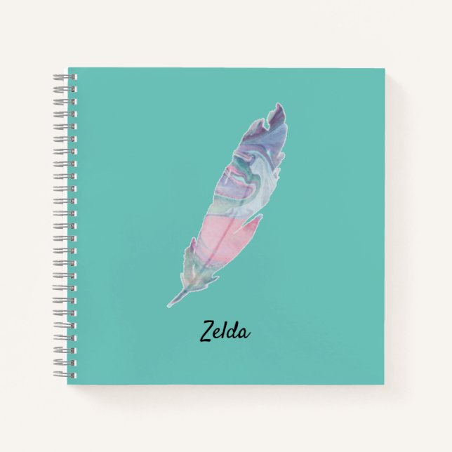 Carnet Couleur Turquoise moderne bleu et plumes rose (Devant)
