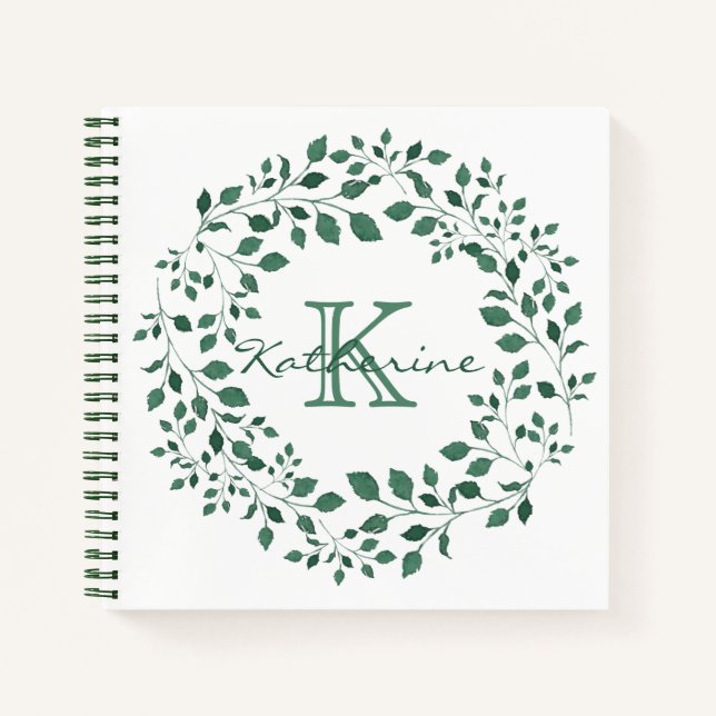 Carnet Couronne d'aquarelle feuille verte | Monogramme (Devant)