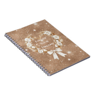 Carnet Couronne de cœur florale crème paillettes marron
