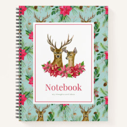 Carnet Couronne de Noël à bois de cerf et poinsettia roug
