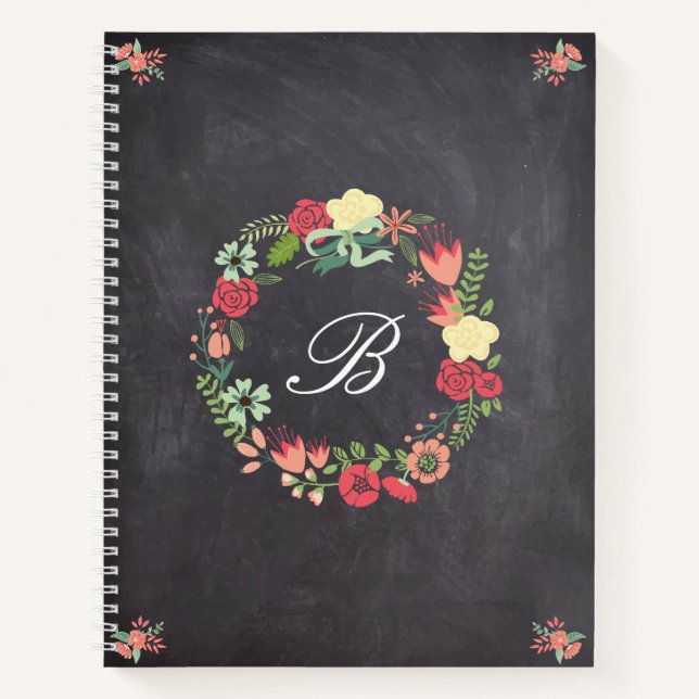 Carnet Couronne florale sur Monogramme de tableau noir (Devant)