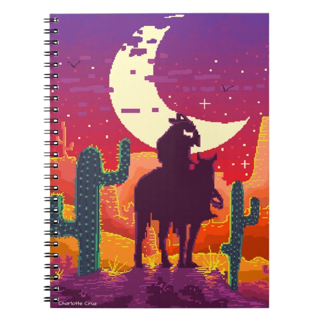 Carnet cowboy de l'ouest pixel sur cheval et paysage (Devant)