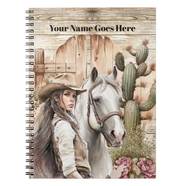 Carnet Cowgirl avec cheval aquarelle cactus floral (Devant)