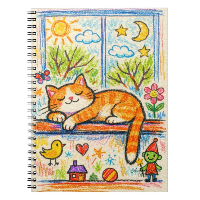 Carnet Cozy Orange Cat on Windowsill Whimsical Crayon Art (Devant)