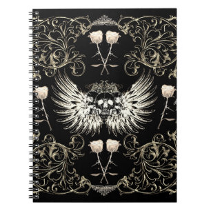 Carnet Crâne à ailes et roses blanches de romance gothiqu