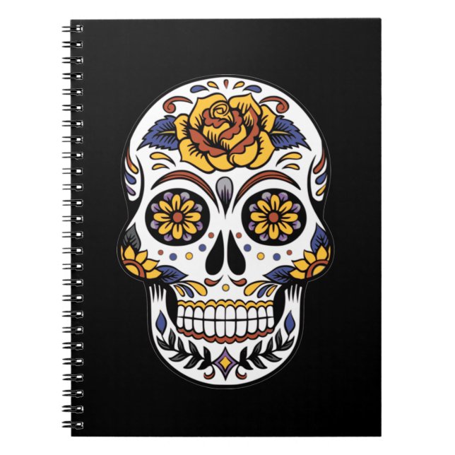 Carnet Crâne à sucre rose jaune sur noir (Devant)