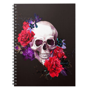 Carnet Crâne aux branches de fleurs foncées et roses roug
