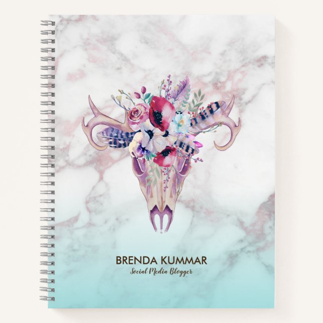 Carnet Crâne Boho Tribal & or Rose Faux Marble Ombre (Devant)