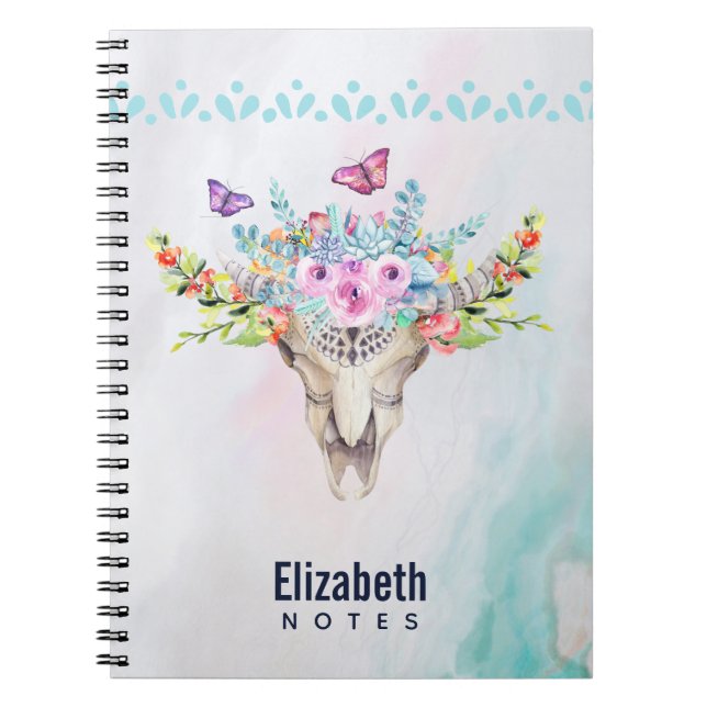 Carnet Crâne d'animal de Boho avec papillons et fleurs (Devant)