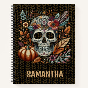 Carnet Crâne de sucre brodé Fleurs d'automne Pastel gothi