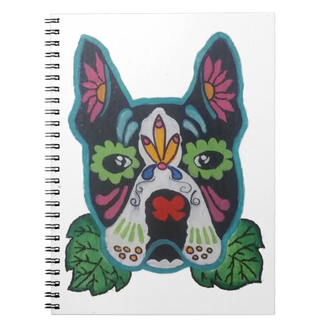 Carnet Crâne de sucre rose vert Boston Terrier Art folklo (Devant)