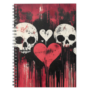 Carnet Crâne et Coeurs Grunge - Art rouge et noir gras