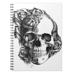 Carnet Crâne rose tiré par la main en noir et blanc.