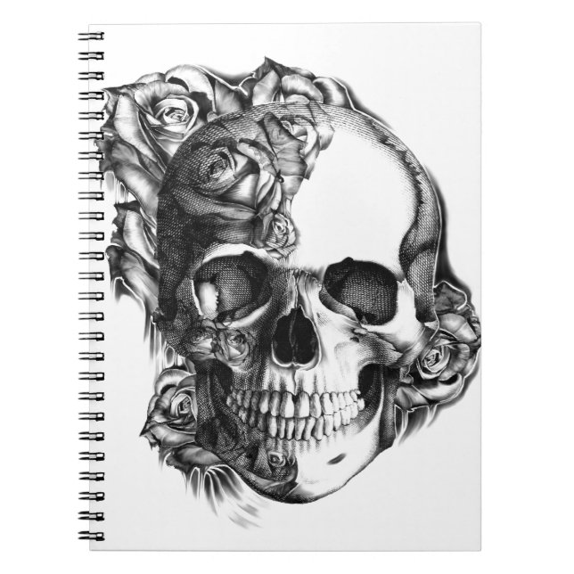 Carnet Crâne rose tiré par la main en noir et blanc. (Devant)