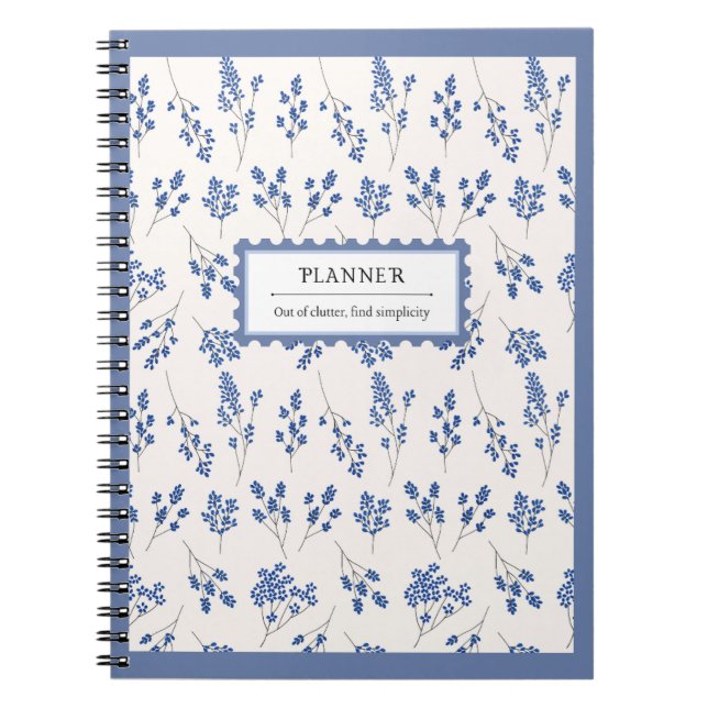 Carnet Crème Bleue Élégant Floral Planificateur Organiser (Devant)