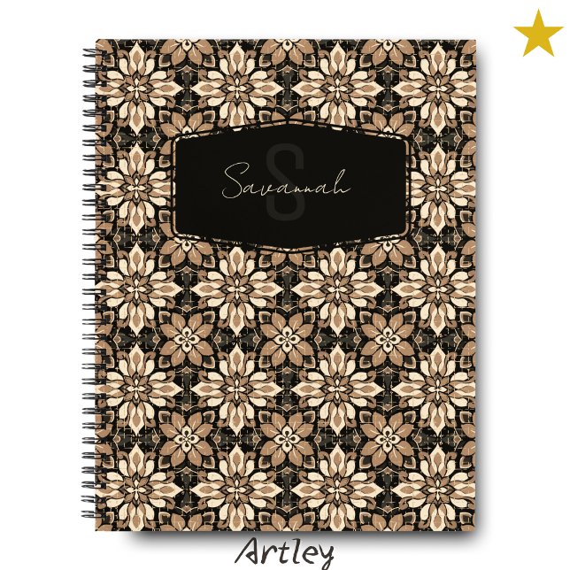 Carnet Crème Brown Floral Espagnol Nom Carrelage Monogram (Créateur téléchargé)