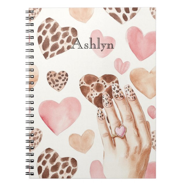 Carnet Crème Brown rose Leopard Coeurs animaux main (Devant)