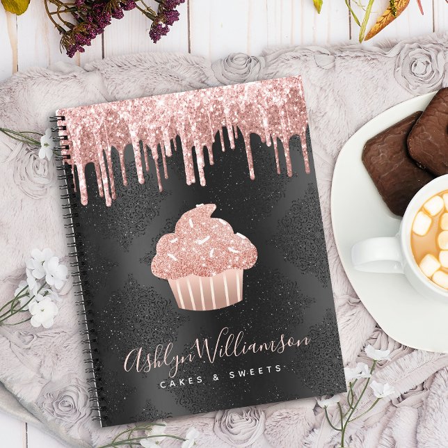 Carnet Cupcake Rose Gold Pailleté Drips Noir Cuisine Chef (Créateur téléchargé)