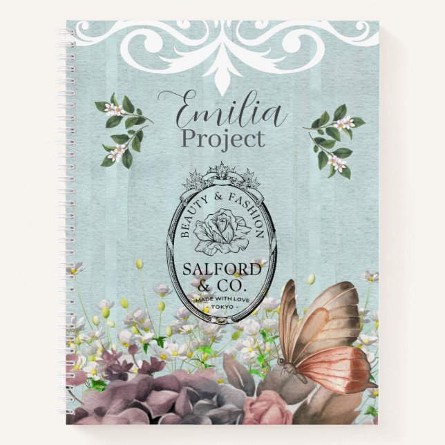 Carnet Custom decoratived botanical retro logo Blue (Devant)