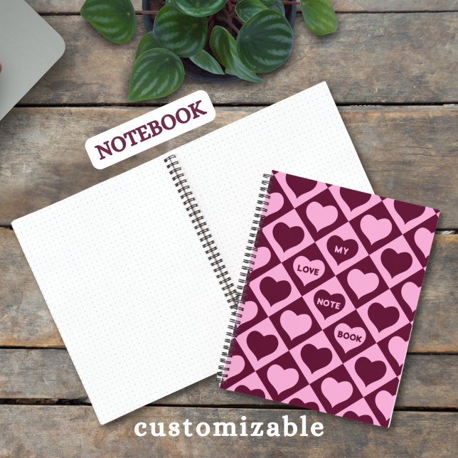 Carnet Custom Heart Checkerboard Pattern Bordeaux Pink -  (Créateur téléchargé)