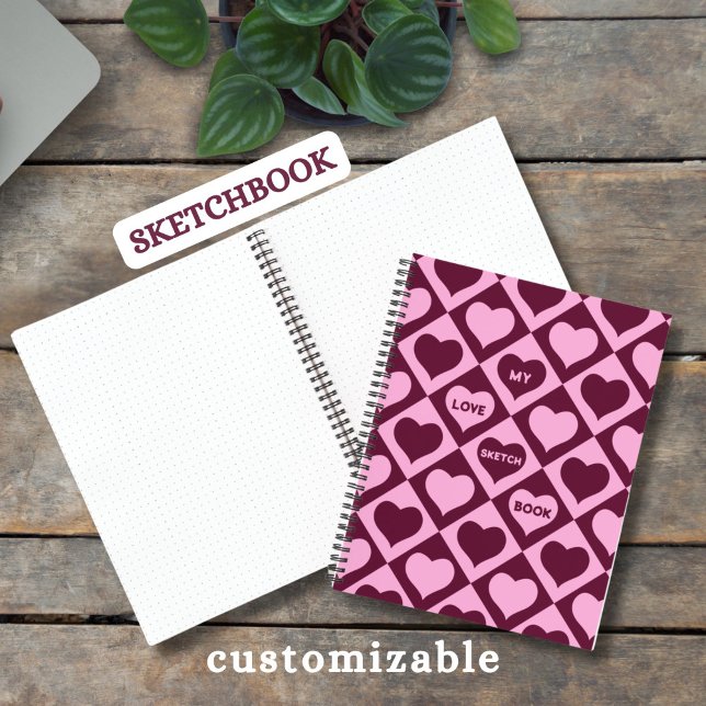 Carnet Custom Heart Checkerboard Pattern Bordeaux Pink -  (Créateur téléchargé)
