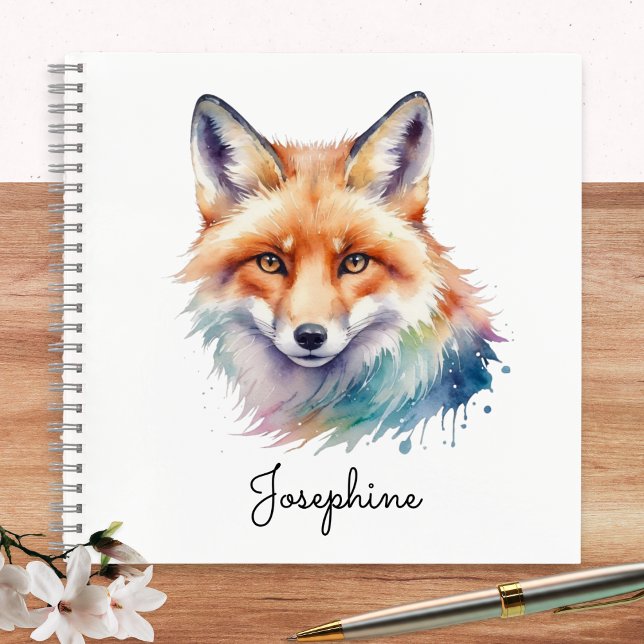 Carnet Custom Watercolor Red Fox Personalized (A personalized spiral-bound notebook, with cover illustration of a red fox in a watercolor style)
