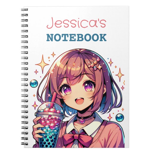 Carnet Cute Anime Girl Holding Bubble Tea Personnalisé (Devant)
