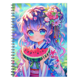 Carnet Cute Anime Girl Manger Watermelon sur une journée 