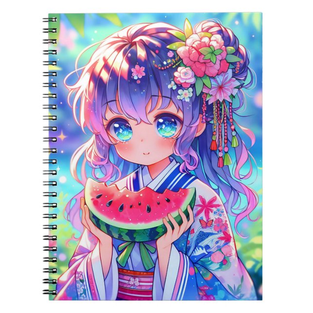 Carnet Cute Anime Girl Manger Watermelon sur une journée  (Devant)