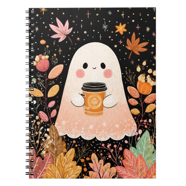 Carnet Cute Autumn Ghost with Pumpkin Coffee – Cozy Fall  (Devant)