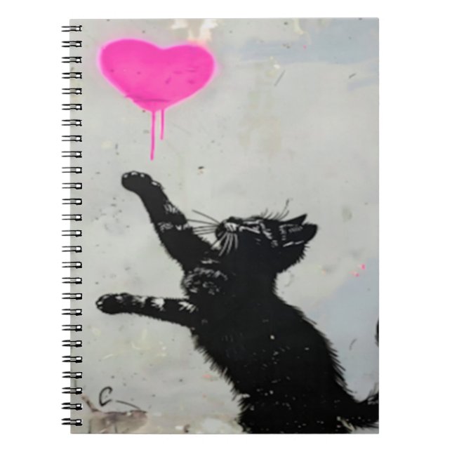 Carnet Cute Black Cat Playing with A Pink Heart (Devant)