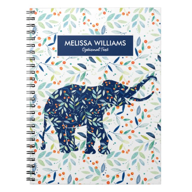 Carnet Cute Blue Elephant Motif de feuilles botaniques (Devant)