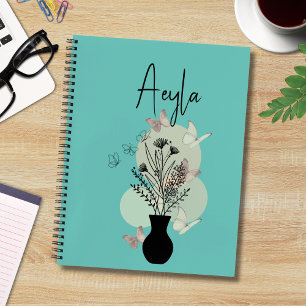 Carnet Cute Boho Line Fleurs d'art et papillons Turquoise